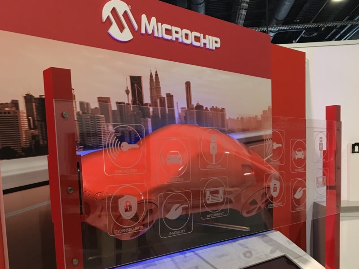 Microchip interactive product information display built into a clear acrylic installation